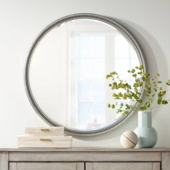Hot Sale 🌟 Noble Park Round Vanity Decorative Wall Mirror Modern Silver Beaded Trim Wood Finish Frame Beveled 32 3/4" Wide for Bedroom Living Room 😉