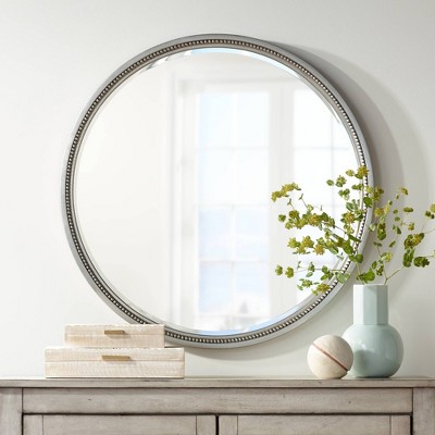 Hot Sale π Noble Park Round Vanity Decorative Wall Mirror Modern Silver Beaded Trim Wood Finish Frame Beveled 32 3/4" Wide for Bedroom Living Room π