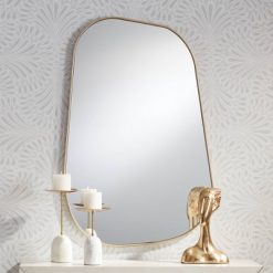 Deals 😉 Possini Euro Design Rectangular Vanity Accent Wall Mirror Modern Curved Corner Champagne Gold Frame 26" Wide for Bathroom Bedroom 🤩