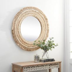 Best Pirce ⭐ Olivia & May 38"Large Round Wood and Wicker Beige Wall Mirror - Olivia & May ✨