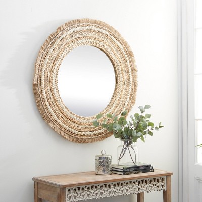 Best Pirce ⭐ Olivia & May 38"Large Round Wood and Wicker Beige Wall Mirror - Olivia & May ✨