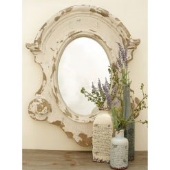 Deals 👏 Olivia & May 35" x 43" Antique Style Large Oval Distressed Wood Wall Mirror with Scrollwork White - Olivia & May 😀