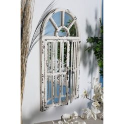 Budget 😀 Olivia & May 46" x 26" Farmhouse Distressed Arched Window Design Wall Mirror White - Olivia & May 🤩