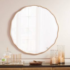 Cheap ⭐ Noble Park Round Vanity Decorative Wall Mirror Modern Gold Waved Wood Finish Frame Beveled 31 1/2" Wide for Bathroom Bedroom Living Room 👏