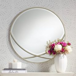 Brand new ๐ Possini Euro Design Round Vanity Wall Mirror Modern Warm Champagne X-Overlay Wood Finish Frame Beveled 31 1/2" Wide for Bathroom Bedroom ๐