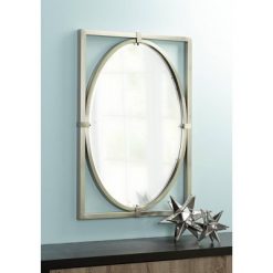 Discount ๐คฉ Uttermost Rectangular Vanity Wall Mirror Modern Brushed Nickel Metal Frame Beveled 24" Wide Bathroom Bedroom Living Room Entryway ๐