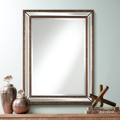 Discount ❤️ Uttermost Round Vanity Decorative Wall Mirror Vintage Rustic Mottled Bronze Beaded Frame Beveled Edges 30" Wide Bathroom Bedroom 🤩