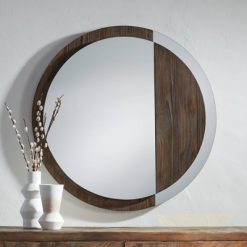 Brand new 🔥 Uttermost Round Vanity Decorative Wall Mirror Vintage Brown Wood Finish Panel Mirrored Frame 34" Wide for Bathroom Bedroom Living Room ⌛