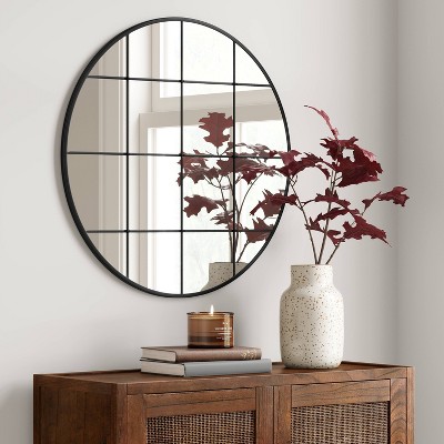 Best deal π 27" Round Window Pane Metal Wall Mirror Black - Threshold™ π