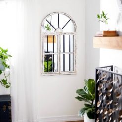 Cheap 🔥 Olivia & May 25" x 42" Distressed Wood Arched Window Wall Mirror White - Olivia & May 🌟