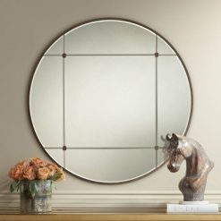 Best Sale 🤩 Noble Park Round Vanity Decorative Wall Mirror Modern Antique Light Brown Frame Beveled 32" Wide for Bathroom Bedroom Living Room 😉