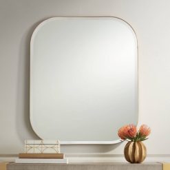 Best deal 🔥 Possini Euro Design Rounded Corner Rectangular Vanity Wall Mirror Modern Brushed Gold Frame Beveled 27" Wide for Bathroom Bedroom 🤩