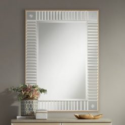 Promo 😉 Noble Park Rectangular Vanity Wall Mirror Vintage Antique Gold Wood Finish Frame Mirrored Tile Beveled 28" Wide for Bathroom Living Room 🔔