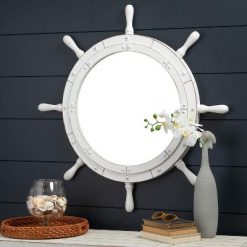 Flash Sale 💯 Davine International Nagina 30SANTORINI Santorini Coastal Wooden Ship Wheel Mirror for Beach/Lake Houses, Bathrooms, & Bedrooms, 30 Inch Diameter, Distressed White ✔️