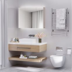 Promo ๐งจ kleankin 36" x 24" Triple Door LED Bathroom Mirror Medicine Cabinet with Adjustable Shelf - White Oak ๐