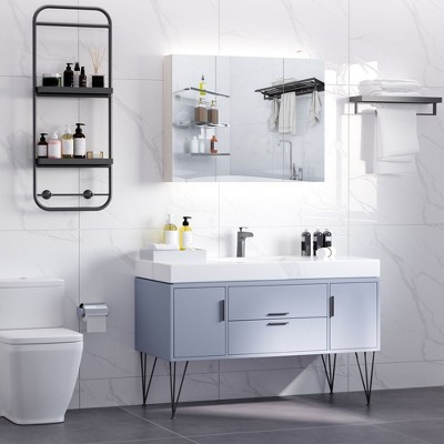 Promo ๐งจ kleankin 36" x 24" Triple Door LED Bathroom Mirror Medicine Cabinet with Adjustable Shelf - White Oak ๐ - Image 2