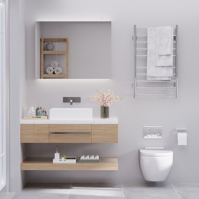 Promo ๐งจ kleankin 36" x 24" Triple Door LED Bathroom Mirror Medicine Cabinet with Adjustable Shelf - White Oak ๐ - Image 3