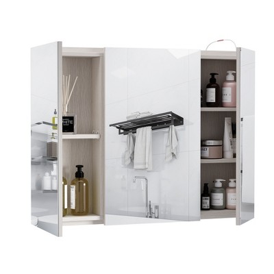 Promo ๐งจ kleankin 36" x 24" Triple Door LED Bathroom Mirror Medicine Cabinet with Adjustable Shelf - White Oak ๐ - Image 4