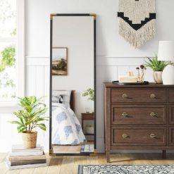 Outlet 👏 Blackened Wood Mirror with Brass Metal Corner Detail Black - Threshold™ 🎁